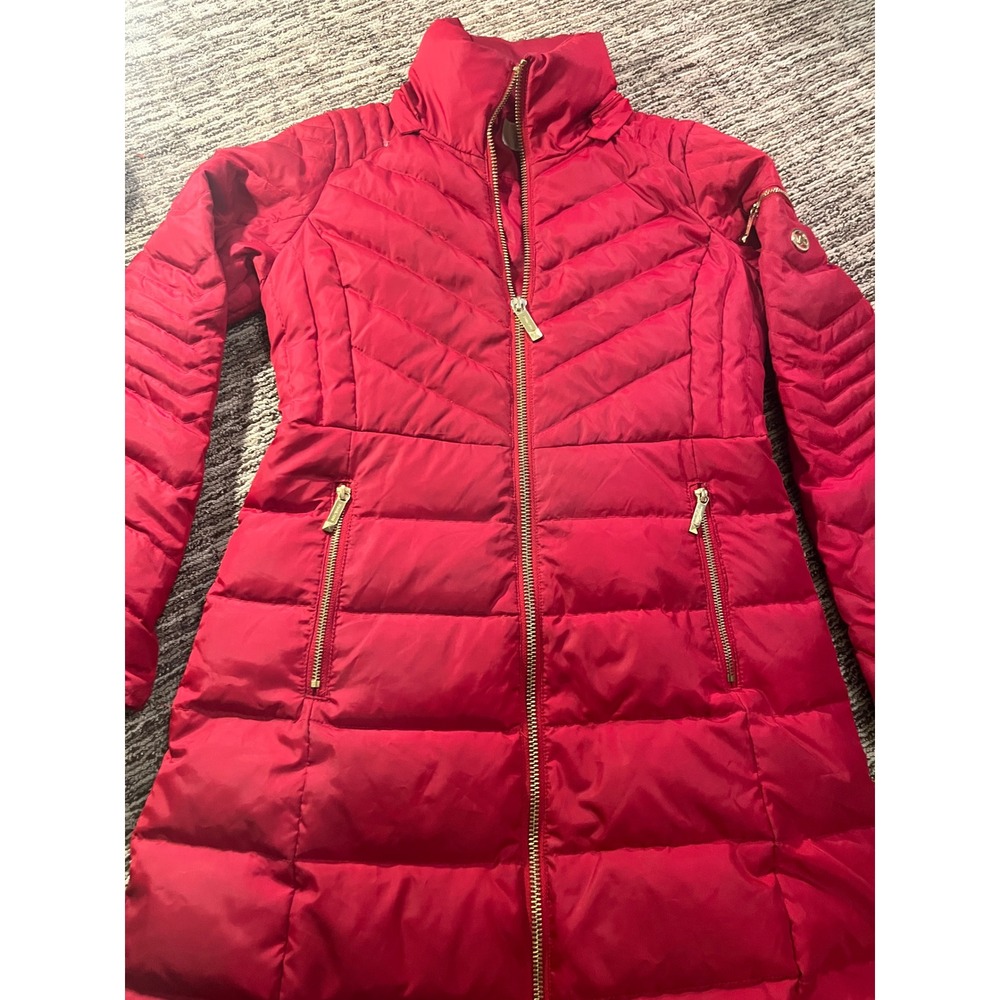Michael Kors Womens Red Down Faux Fur Trim Hood Puffer Coat XS 138357